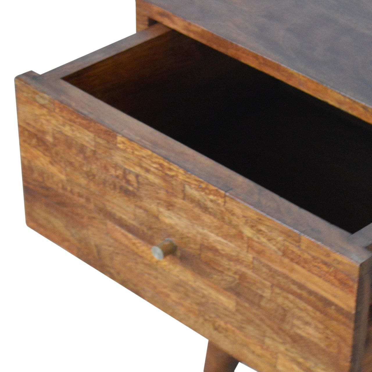 Mixed Chestnut Nightstand - Solid Mango Wood Bedside Table for Bedroom - product view 6 showing handcrafted solid mango...
