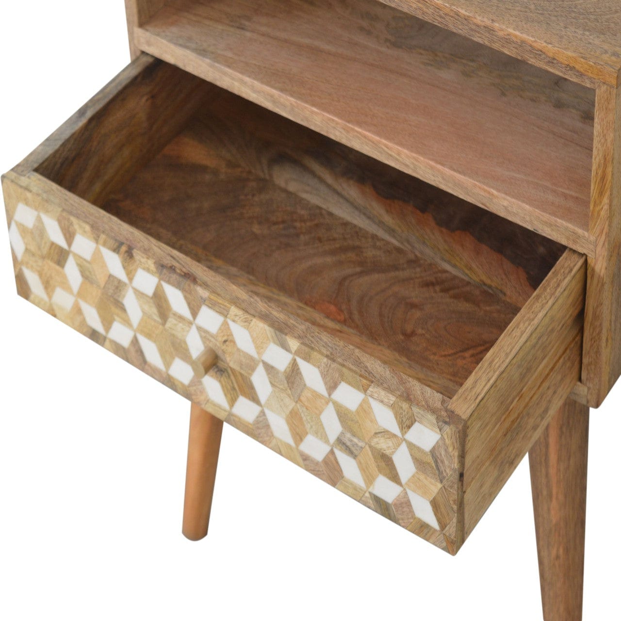 Mixed Cube Nightstand - Solid Mango Wood Bedside Table for Bedroom - product view 4 showing handcrafted solid mango wood...