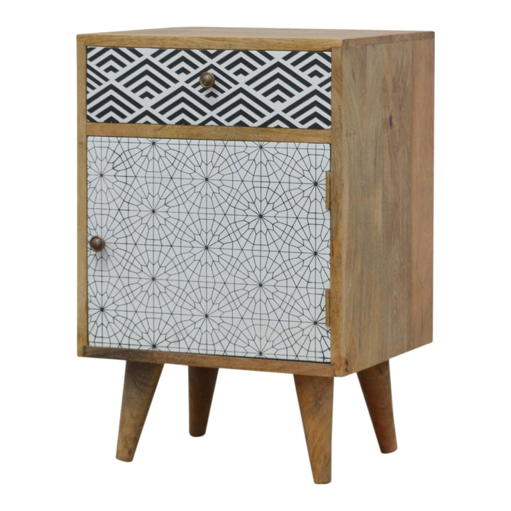 Mixed Pattern Nightstand - Solid Mango Wood Bedside Table for Bedroom - product view 2 showing handcrafted solid mango...