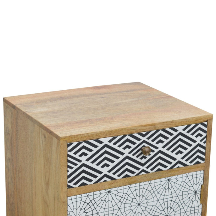 Mixed Pattern Nightstand - Solid Mango Wood Bedside Table for Bedroom - product view 5 showing handcrafted solid mango...