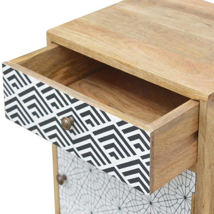 Mixed Pattern Nightstand - Solid Mango Wood Bedside Table for Bedroom - product view 3 showing handcrafted solid mango...