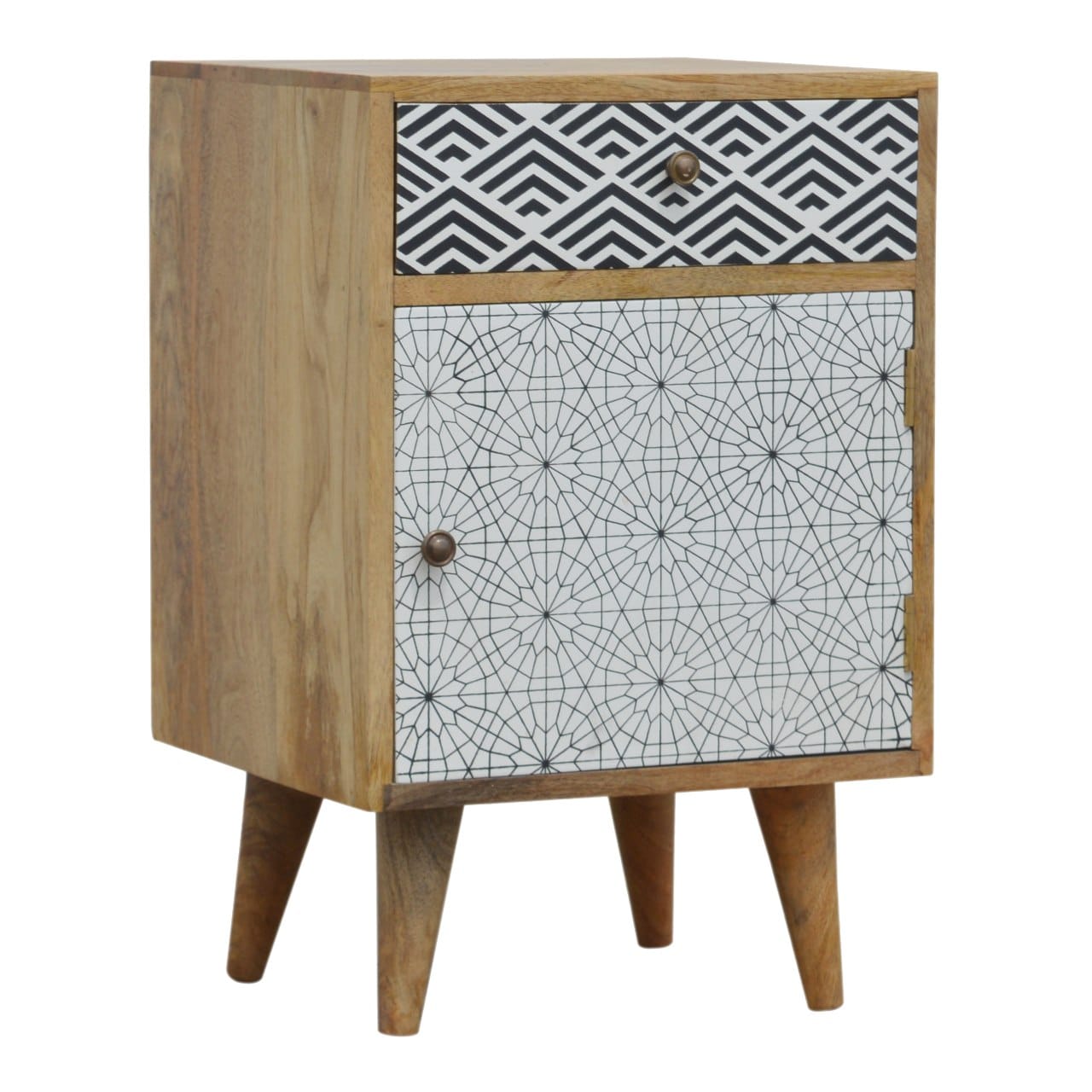 Mixed Pattern Nightstand - Solid Mango Wood Bedside Table for Bedroom - main view showing handcrafted solid mango wood...