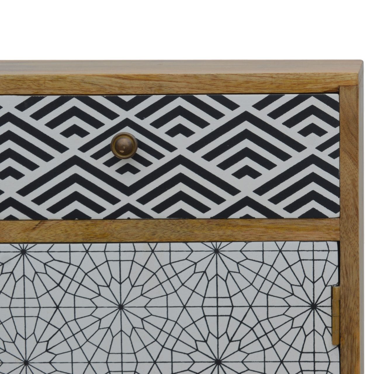 Mixed Pattern Nightstand - Solid Mango Wood Bedside Table for Bedroom - product view 4 showing handcrafted solid mango...