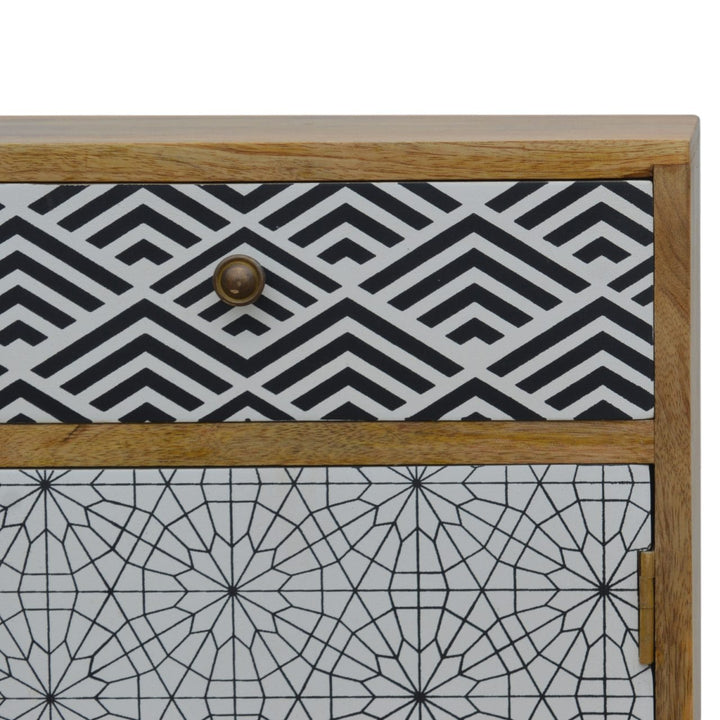 Mixed Pattern Nightstand - Solid Mango Wood Bedside Table for Bedroom - product view 4 showing handcrafted solid mango...