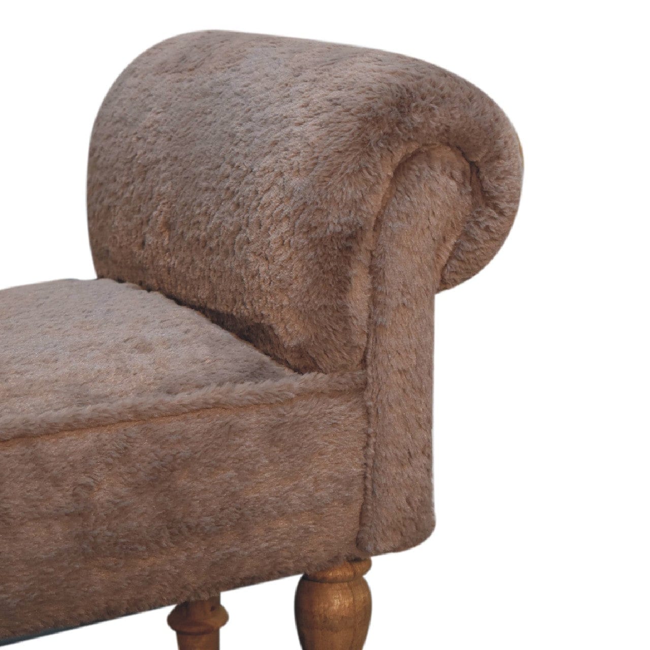 Mocha Faux Fur Bedroom Bench - Solid Mango Wood Seating Furniture for Entryway - product view 4 showing handcrafted solid...