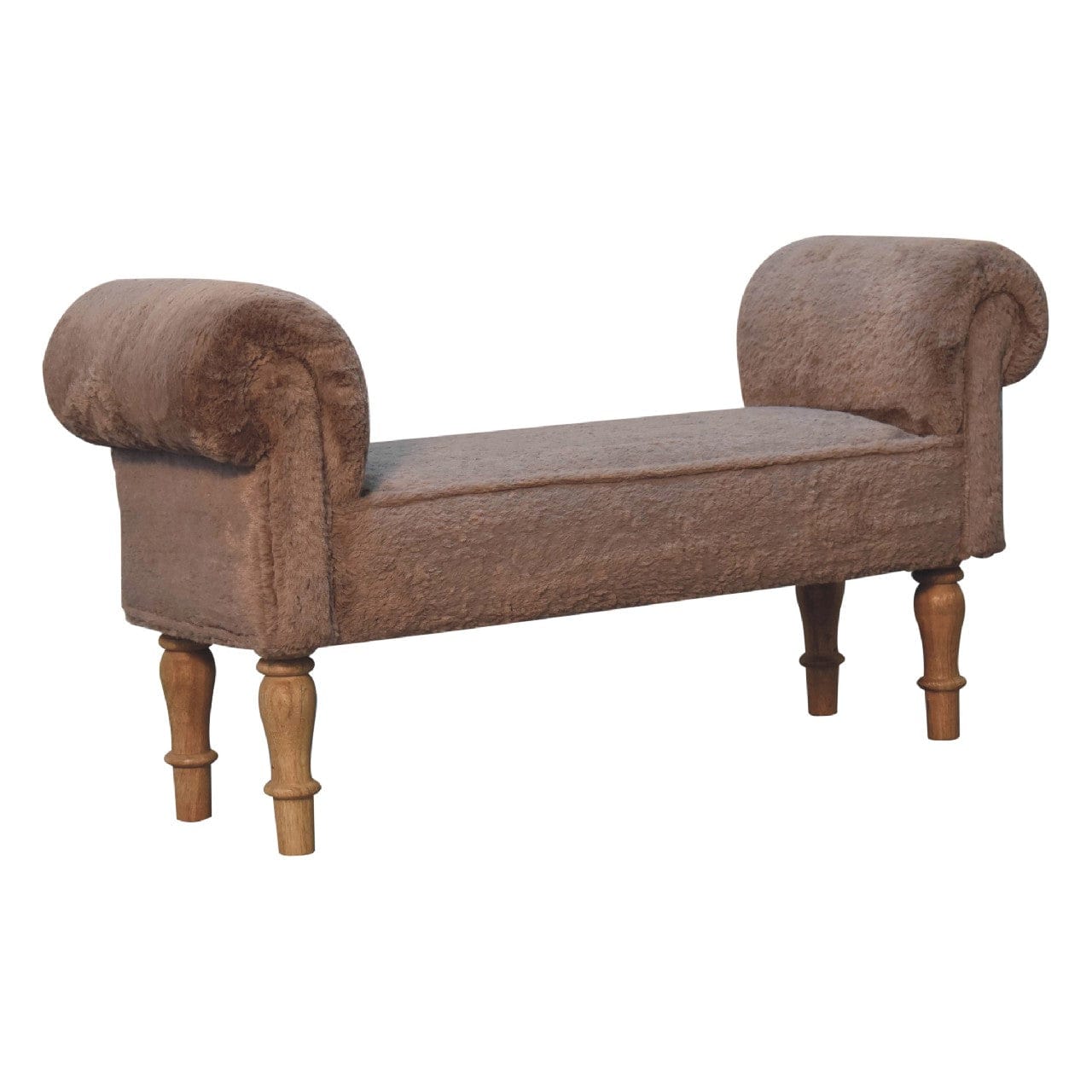Mocha Faux Fur Bedroom Bench - Solid Mango Wood Seating Furniture for Entryway - main view showing handcrafted solid...