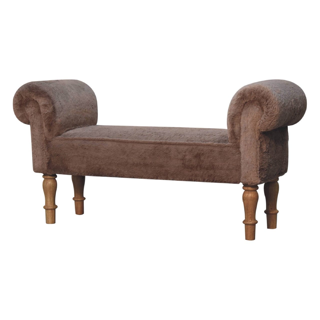 Mocha Faux Fur Bedroom Bench - Solid Mango Wood Seating Furniture for Entryway - product view 2 showing handcrafted solid...