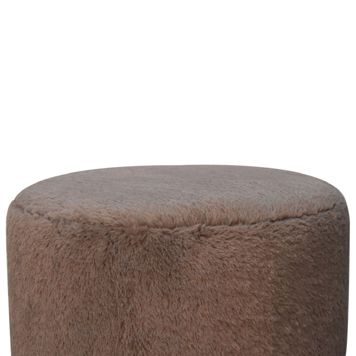 Mocha Faux Fur Round Ball Footstool - Solid Mango Wood Accent Stool for Living Room - product view 5 showing handcrafted...