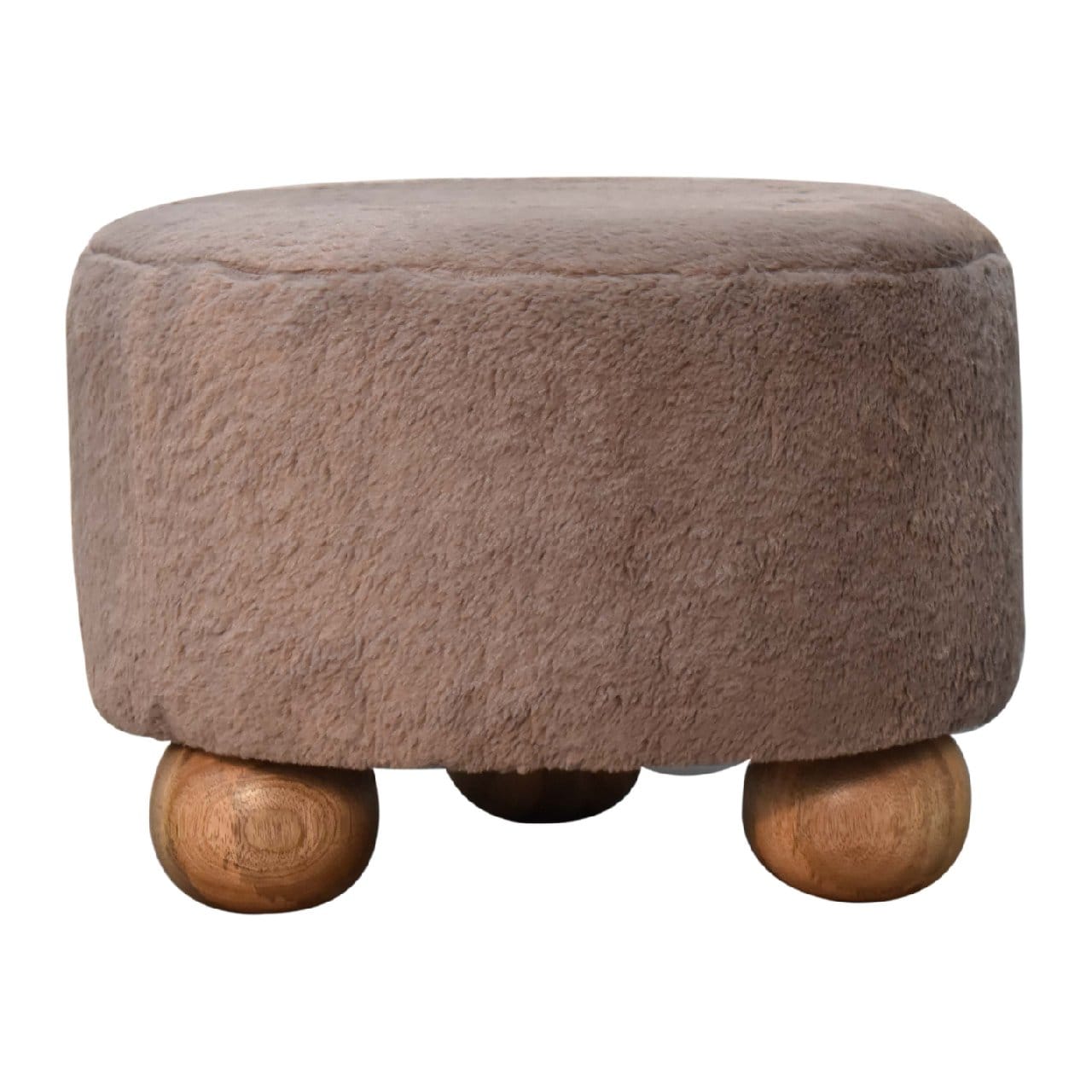 Mocha Faux Fur Round Ball Footstool - Solid Mango Wood Accent Stool for Living Room - main view showing handcrafted solid...