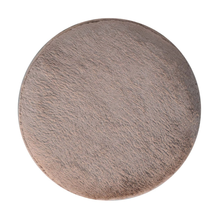 Mocha Faux Fur Round Ball Footstool - Solid Mango Wood Accent Stool for Living Room - product view 8 showing handcrafted...
