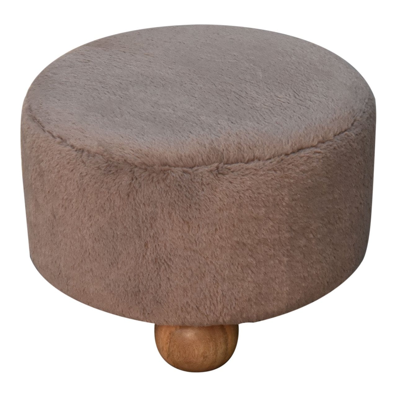 Mocha Faux Fur Round Ball Footstool - Solid Mango Wood Accent Stool for Living Room - product view 6 showing handcrafted...