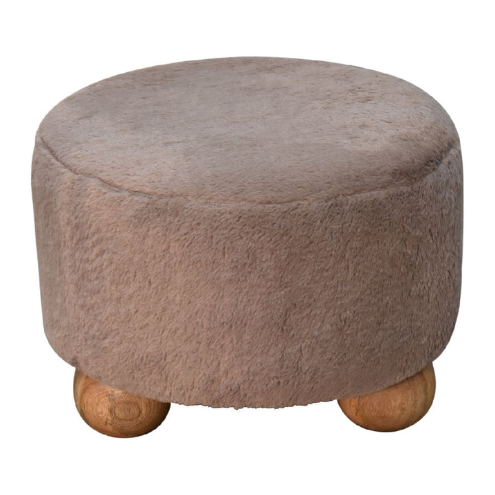 Mocha Faux Fur Round Ball Footstool - Solid Mango Wood Accent Stool for Living Room - product view 3 showing handcrafted...