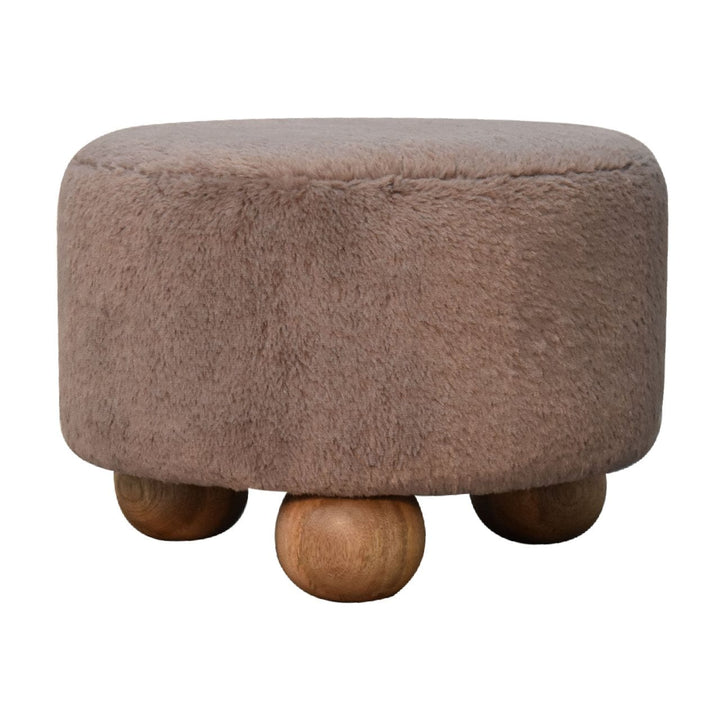 Mocha Faux Fur Round Ball Footstool - Solid Mango Wood Accent Stool for Living Room - product view 2 showing handcrafted...