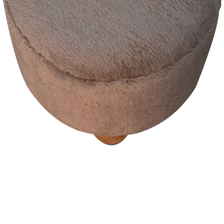 Mocha Faux Fur Round Ball Footstool - Solid Mango Wood Accent Stool for Living Room - product view 4 showing handcrafted...