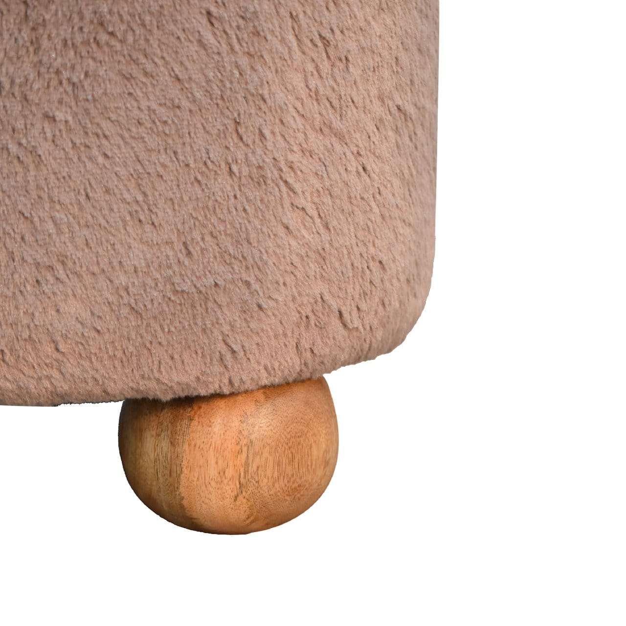 Mocha Faux Fur Round Ball Footstool - Solid Mango Wood Accent Stool for Living Room - product view 7 showing handcrafted...