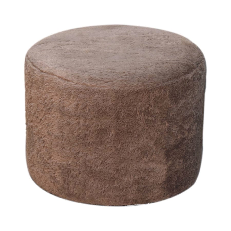 Mocha Faux Fur Round Footstool - Solid Mango Wood Accent Stool for Living Room - product view 2 showing handcrafted solid...