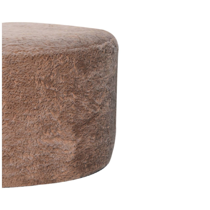 Mocha Faux Fur Round Footstool - Solid Mango Wood Accent Stool for Living Room - product view 5 showing handcrafted solid...