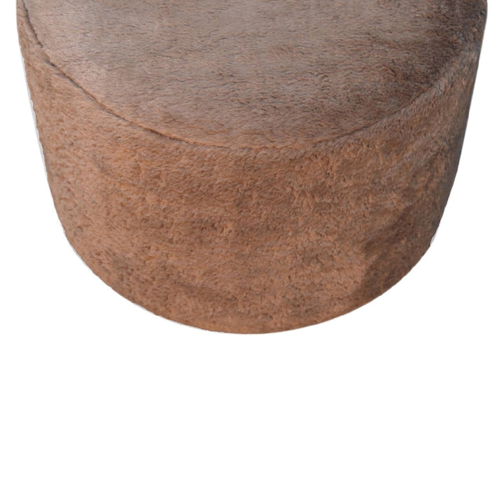 Mocha Faux Fur Round Footstool - Solid Mango Wood Accent Stool for Living Room - product view 4 showing handcrafted solid...