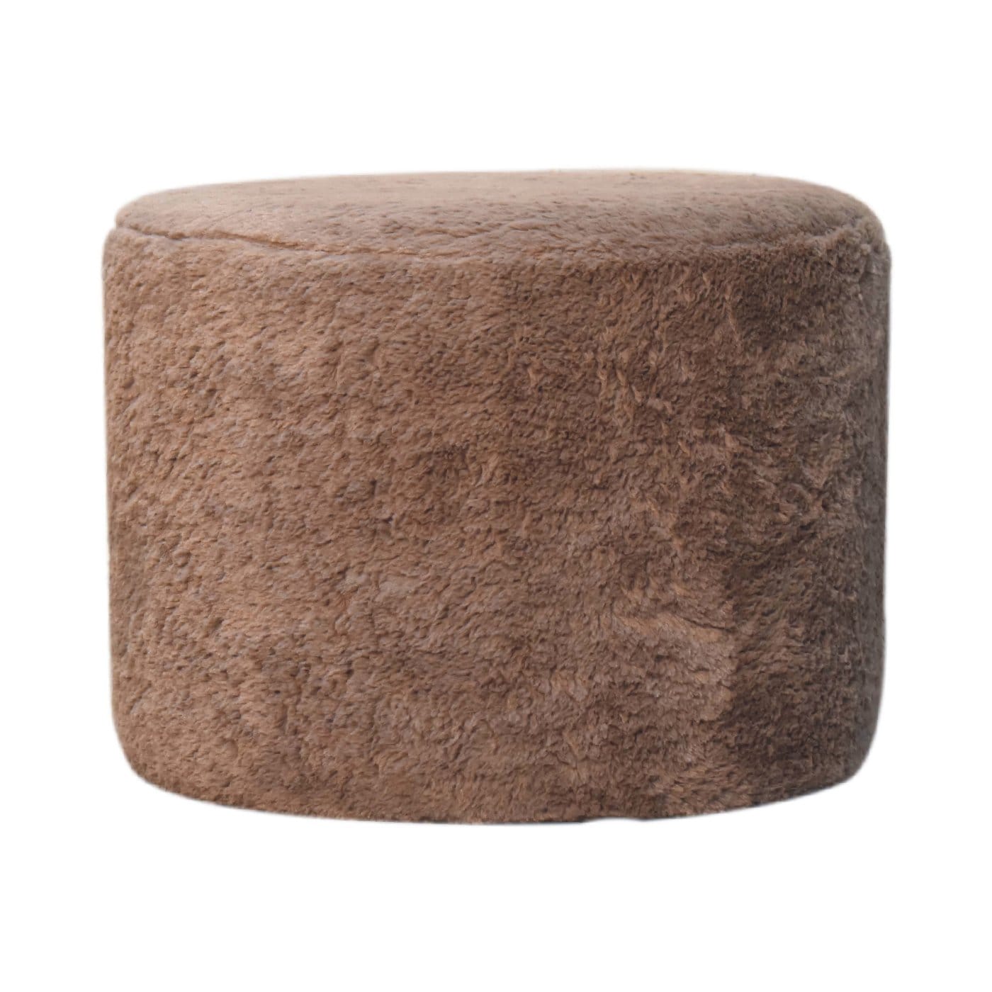 Mocha Faux Fur Round Footstool - Solid Mango Wood Accent Stool for Living Room - main view showing handcrafted solid...