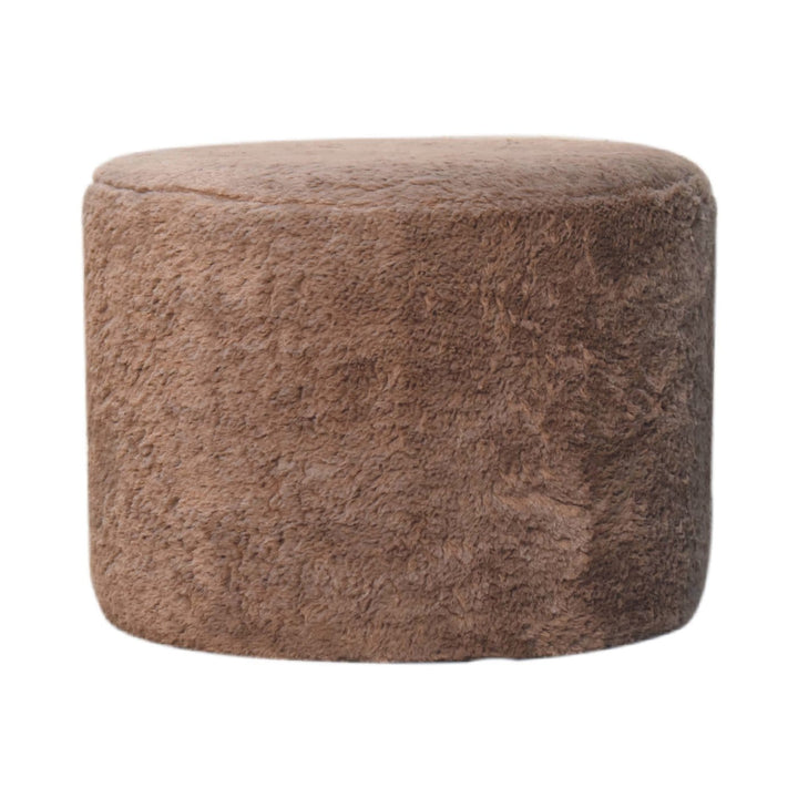 Mocha Faux Fur Round Footstool - Solid Mango Wood Accent Stool for Living Room - main view showing handcrafted solid...