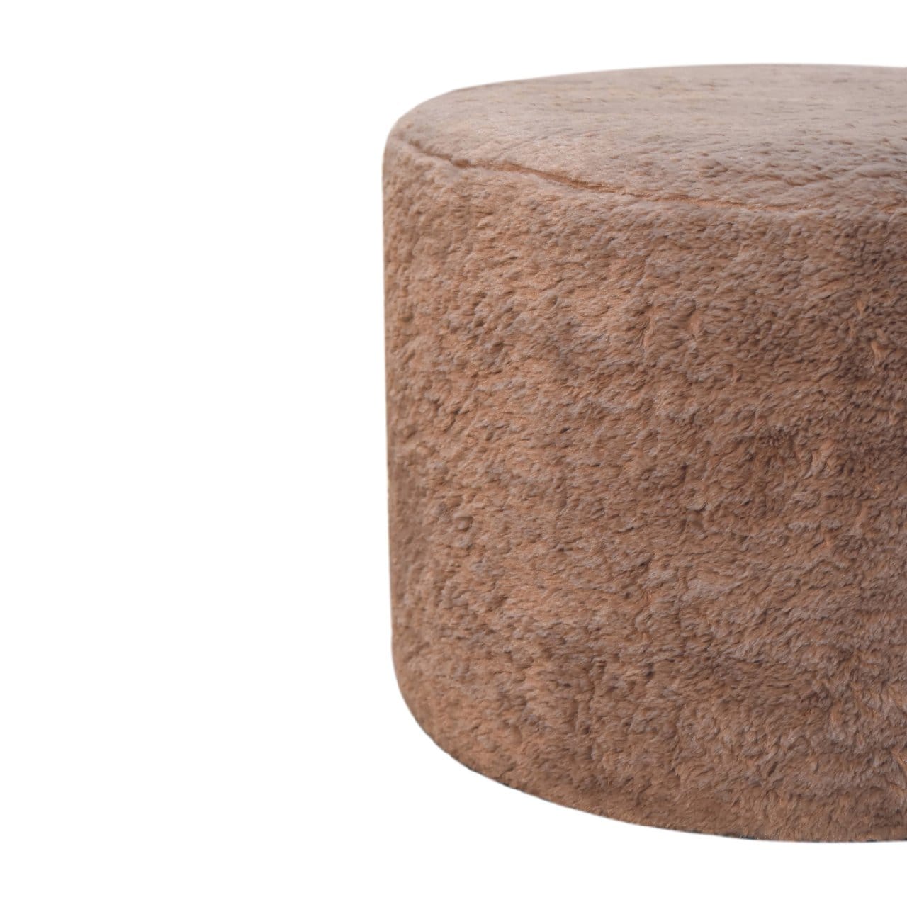 Mocha Faux Fur Round Footstool - Solid Mango Wood Accent Stool for Living Room - product view 3 showing handcrafted solid...