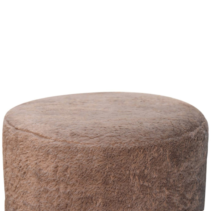 Mocha Faux Fur Round Footstool - Solid Mango Wood Accent Stool for Living Room - product view 6 showing handcrafted solid...
