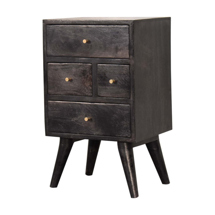 Multi Drawer Ash Black Nightstand - Solid Mango Wood Bedside Table for Bedroom - product view 2 showing handcrafted solid...