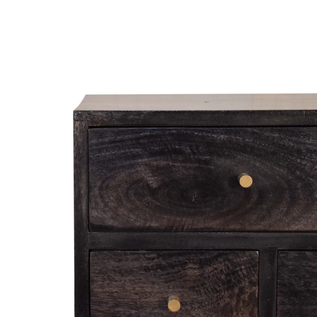 Multi Drawer Ash Black Nightstand - Solid Mango Wood Bedside Table for Bedroom - product view 3 showing handcrafted solid...