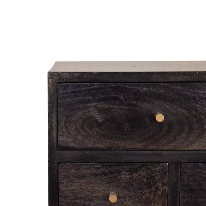 Multi Drawer Ash Black Nightstand - Solid Mango Wood Bedside Table for Bedroom - product view 3 showing handcrafted solid...
