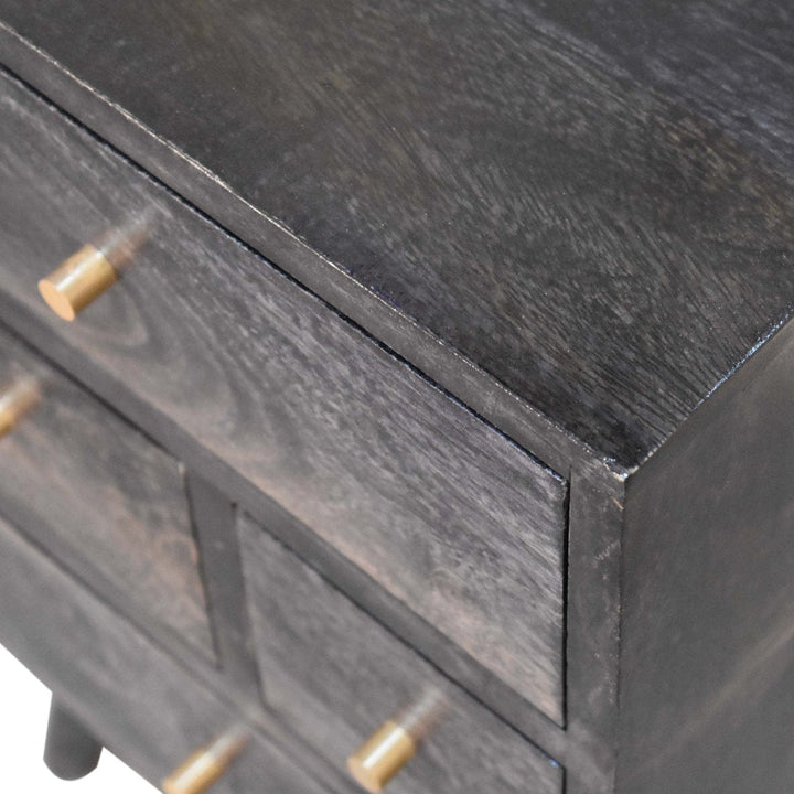 Multi Drawer Ash Black Nightstand - Solid Mango Wood Bedside Table for Bedroom - product view 4 showing handcrafted solid...