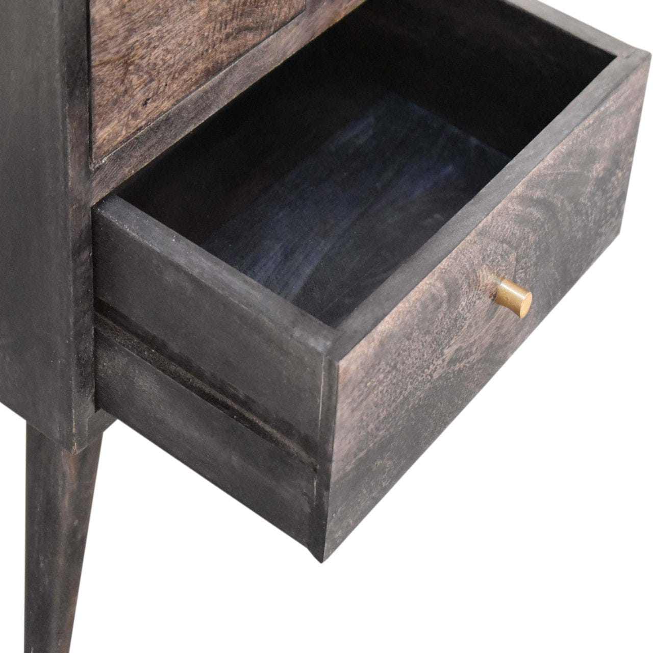 Multi Drawer Ash Black Nightstand - Solid Mango Wood Bedside Table for Bedroom - product view 5 showing handcrafted solid...