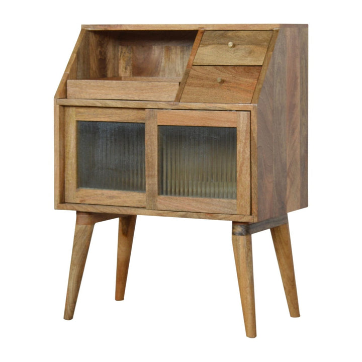 Multi Drawer Glass Nightstand - Solid Mango Wood Bedside Table for Bedroom - product view 2 showing handcrafted solid...