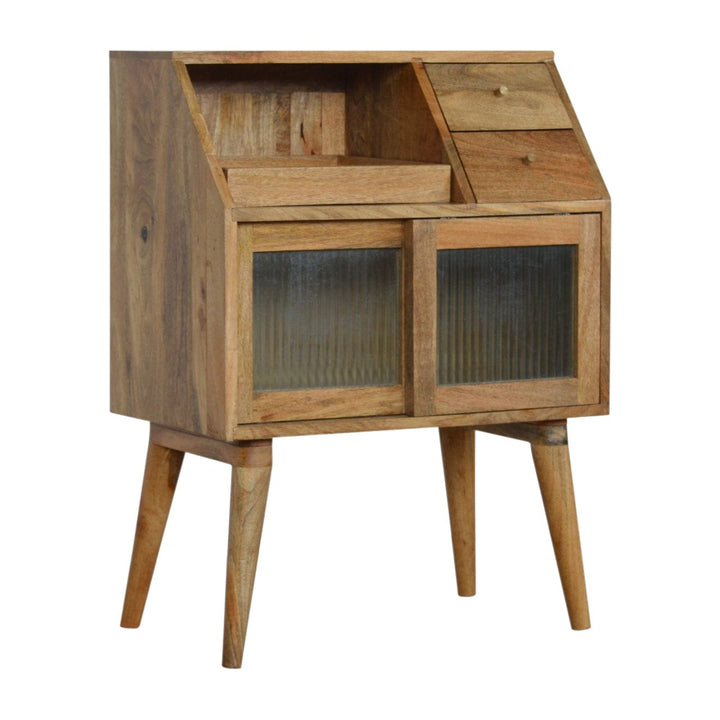 Multi Drawer Glass Nightstand - Solid Mango Wood Bedside Table for Bedroom - product view 3 showing handcrafted solid...