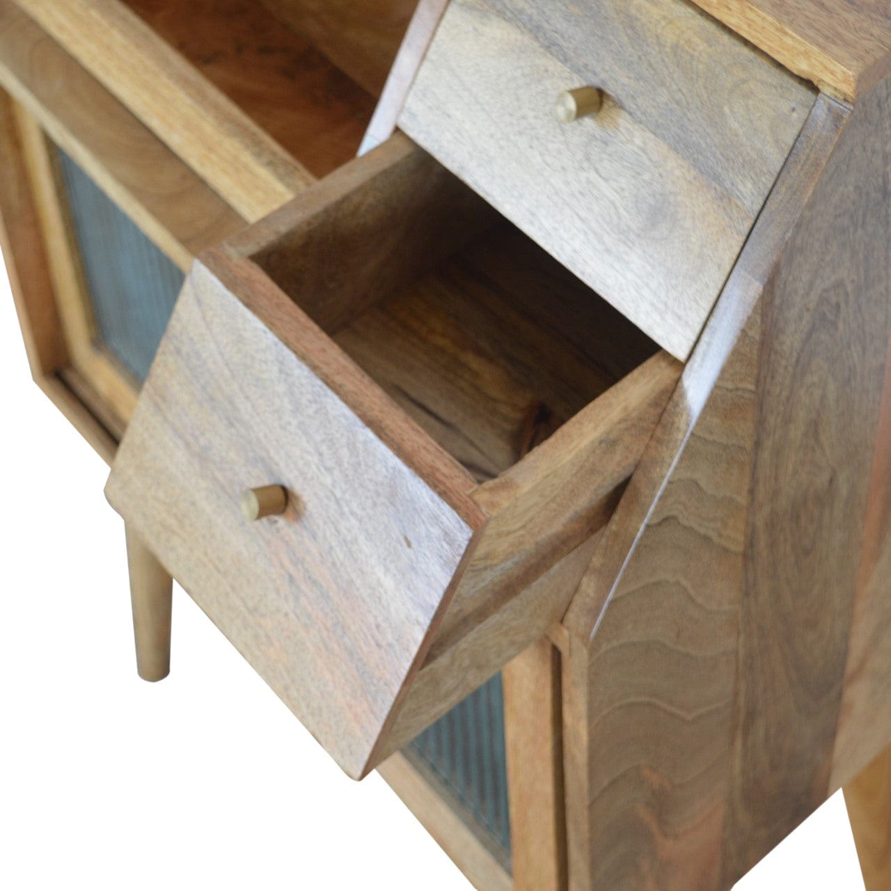 Multi Drawer Glass Nightstand - Solid Mango Wood Bedside Table for Bedroom - product view 4 showing handcrafted solid...