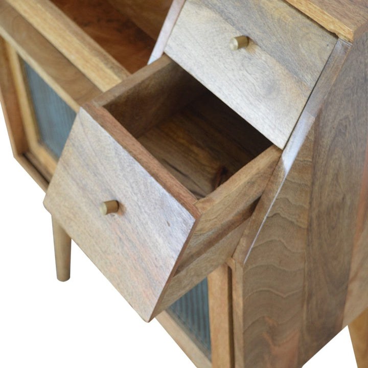 Multi Drawer Glass Nightstand - Solid Mango Wood Bedside Table for Bedroom - product view 4 showing handcrafted solid...