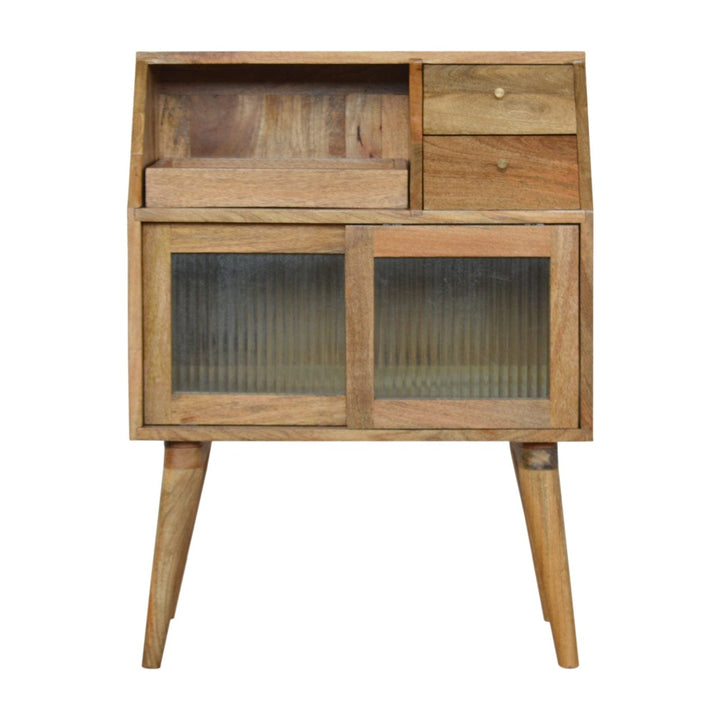 Multi Drawer Glass Nightstand - Solid Mango Wood Bedside Table for Bedroom - main view showing handcrafted solid mango...