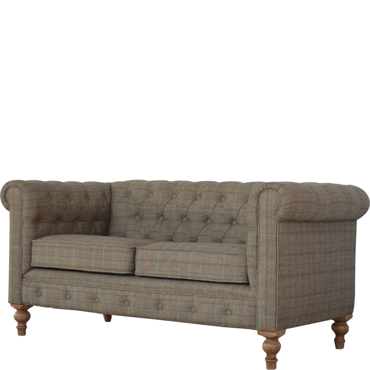 Multi Tweed 2 Seat Chesterfield Sofa - Upholstered Mango Wood Living Room Seating - product view 2 showing handcrafted...