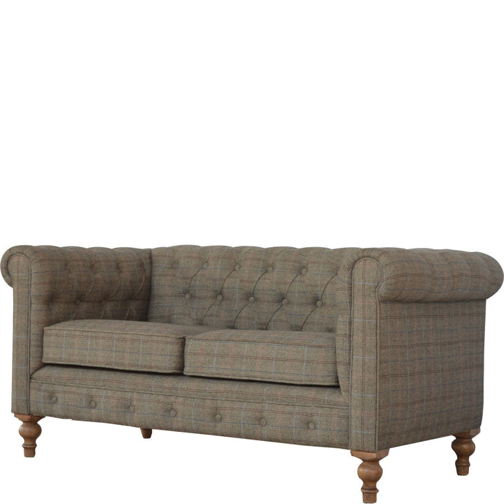 Multi Tweed 2 Seat Chesterfield Sofa - Upholstered Mango Wood Living Room Seating - product view 2 showing handcrafted...