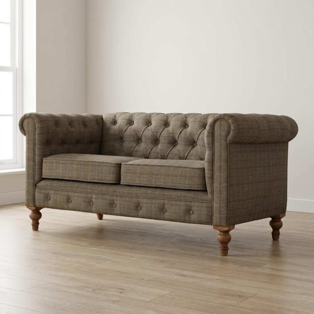 Multi Tweed 2 Seat Chesterfield Sofa - Upholstered Mango Wood Living Room Seating - main view showing handcrafted solid...