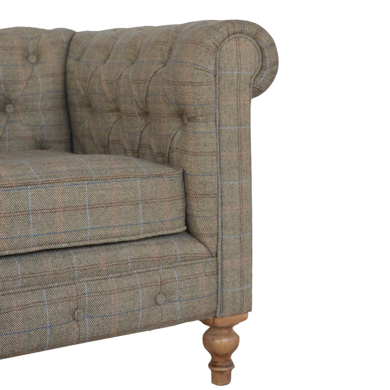 Multi Tweed 2 Seat Chesterfield Sofa - Upholstered Mango Wood Living Room Seating - product view 5 showing handcrafted...