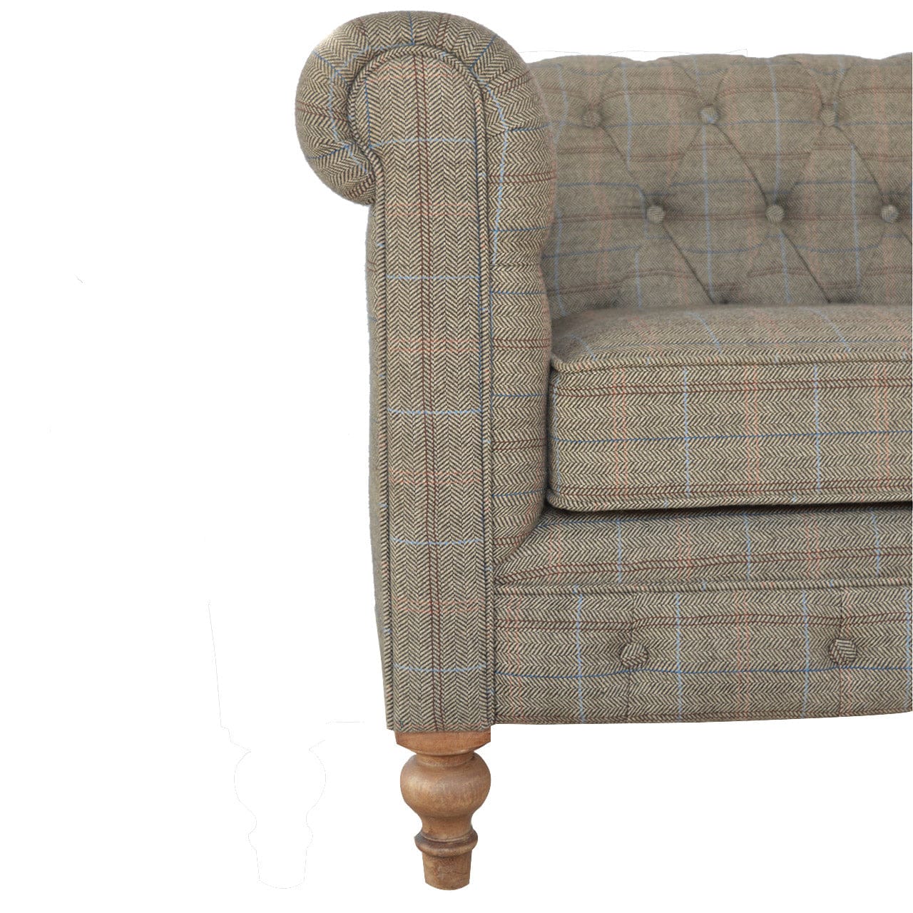 Multi Tweed 2 Seat Chesterfield Sofa - Upholstered Mango Wood Living Room Seating - product view 3 showing handcrafted...