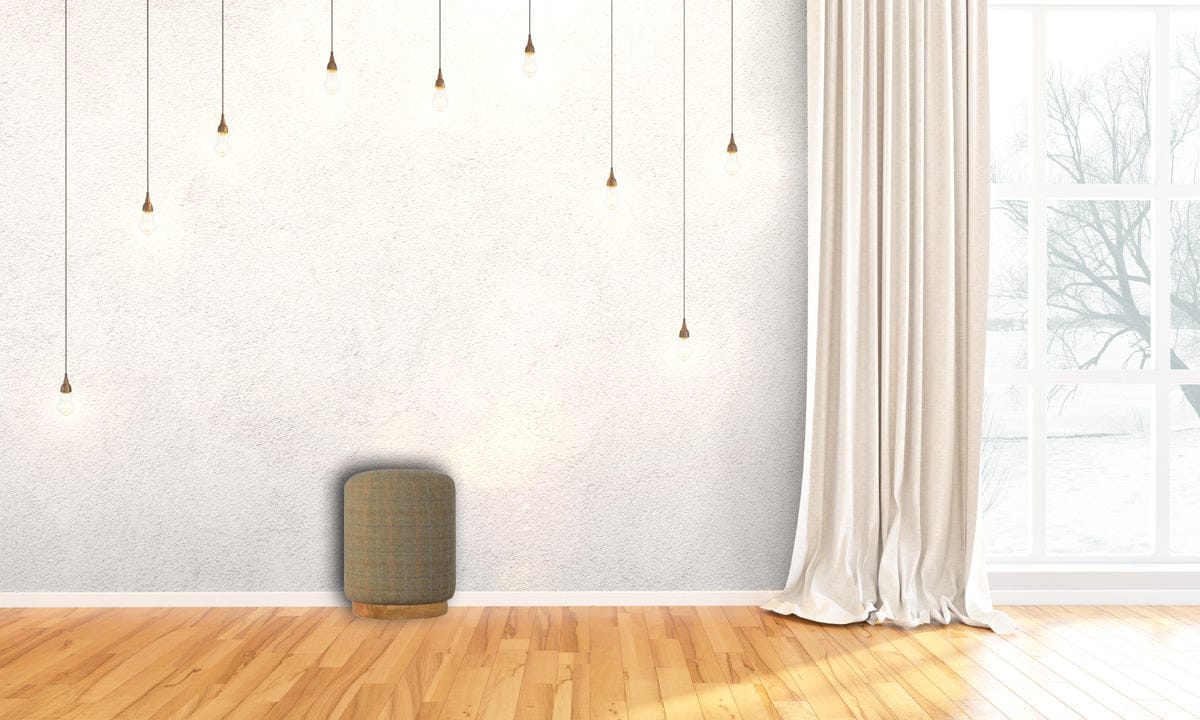 Multi Tweed Round Footstool - Solid Mango Wood Accent Stool for Living Room - product view 8 showing handcrafted solid...