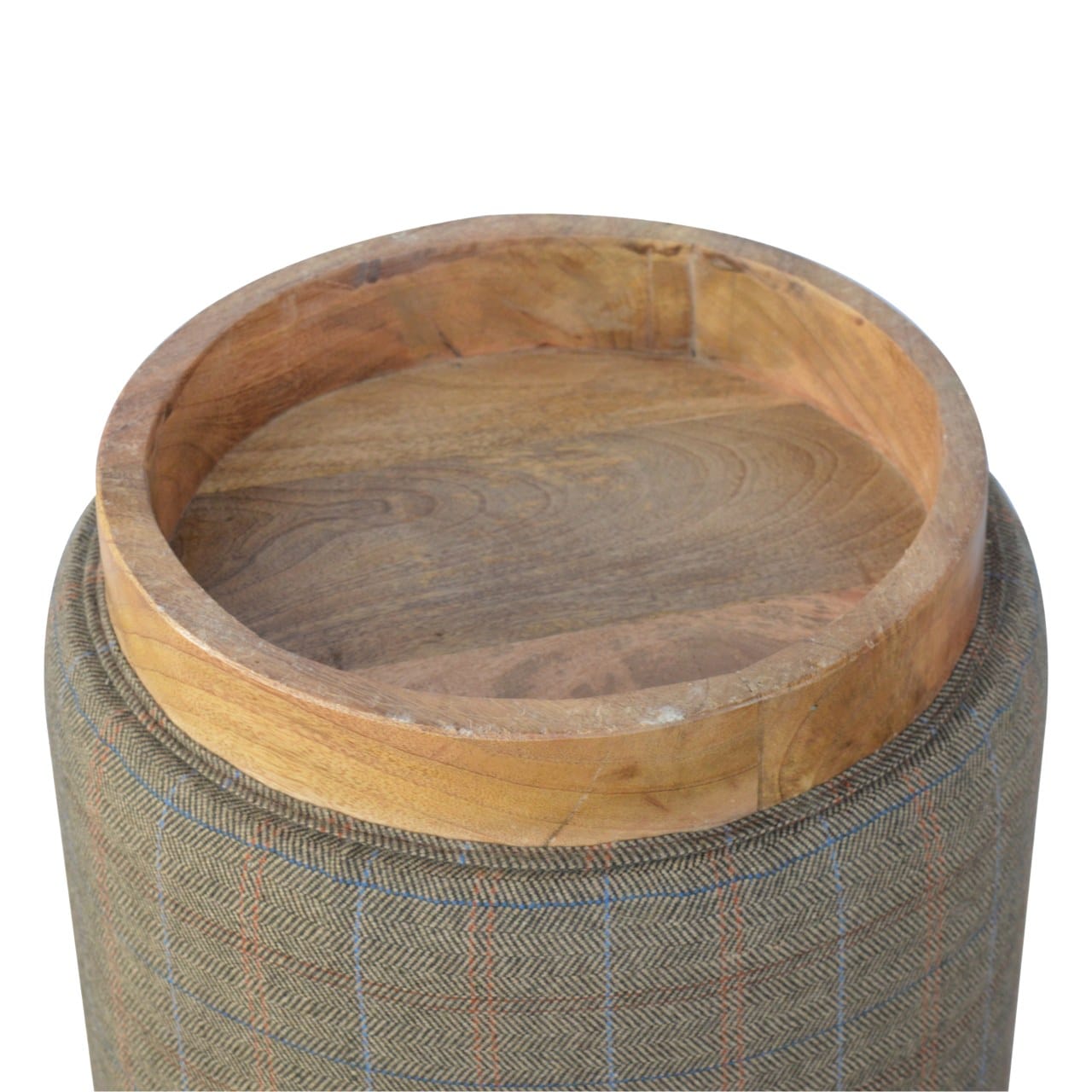 Multi Tweed Round Footstool - Solid Mango Wood Accent Stool for Living Room - product view 5 showing handcrafted solid...