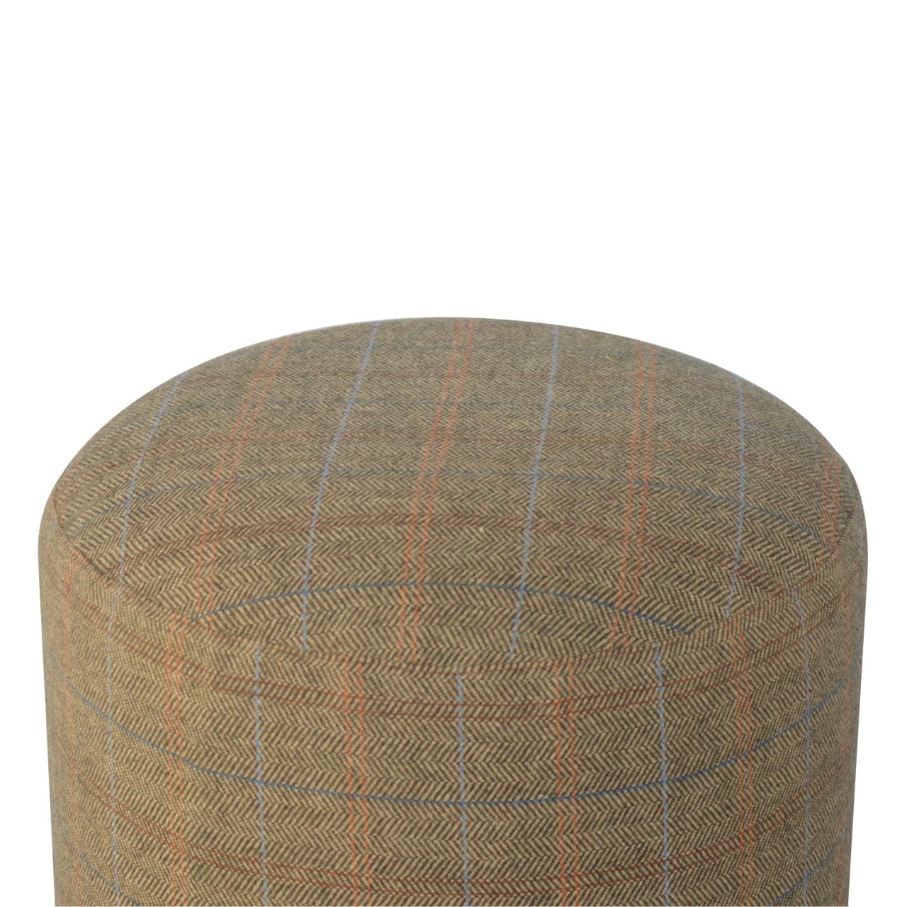 Multi Tweed Round Footstool - Solid Mango Wood Accent Stool for Living Room - product view 3 showing handcrafted solid...