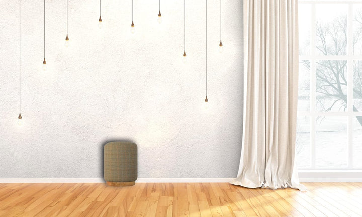 Multi Tweed Round Footstool - Solid Mango Wood Accent Stool for Living Room - product view 7 showing handcrafted solid...