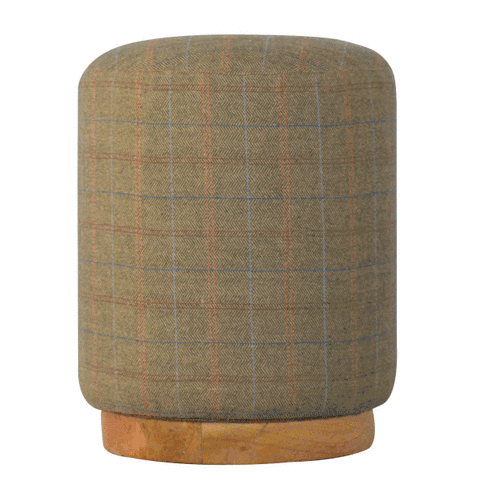 Multi Tweed Round Footstool - Solid Mango Wood Accent Stool for Living Room - product view 6 showing handcrafted solid...