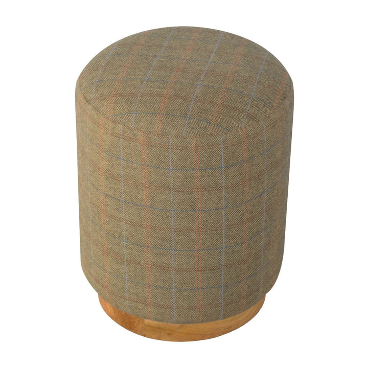 Multi Tweed Round Footstool - Solid Mango Wood Accent Stool for Living Room - main view showing handcrafted solid mango...