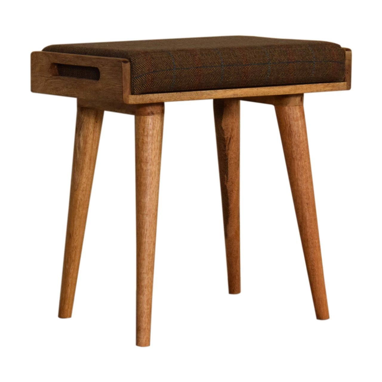 Multi Tweed Tray Style Footstool - Solid Mango Wood Accent Stool for Living Room - main view showing handcrafted solid...