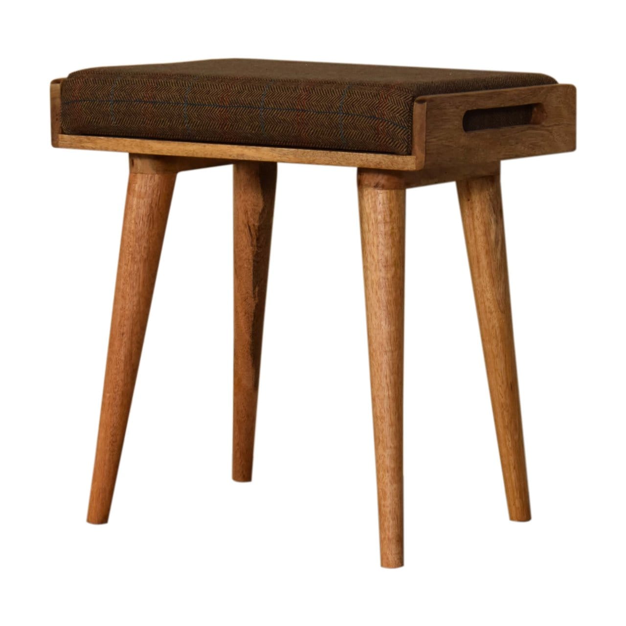 Multi Tweed Tray Style Footstool - Solid Mango Wood Accent Stool for Living Room - product view 2 showing handcrafted...