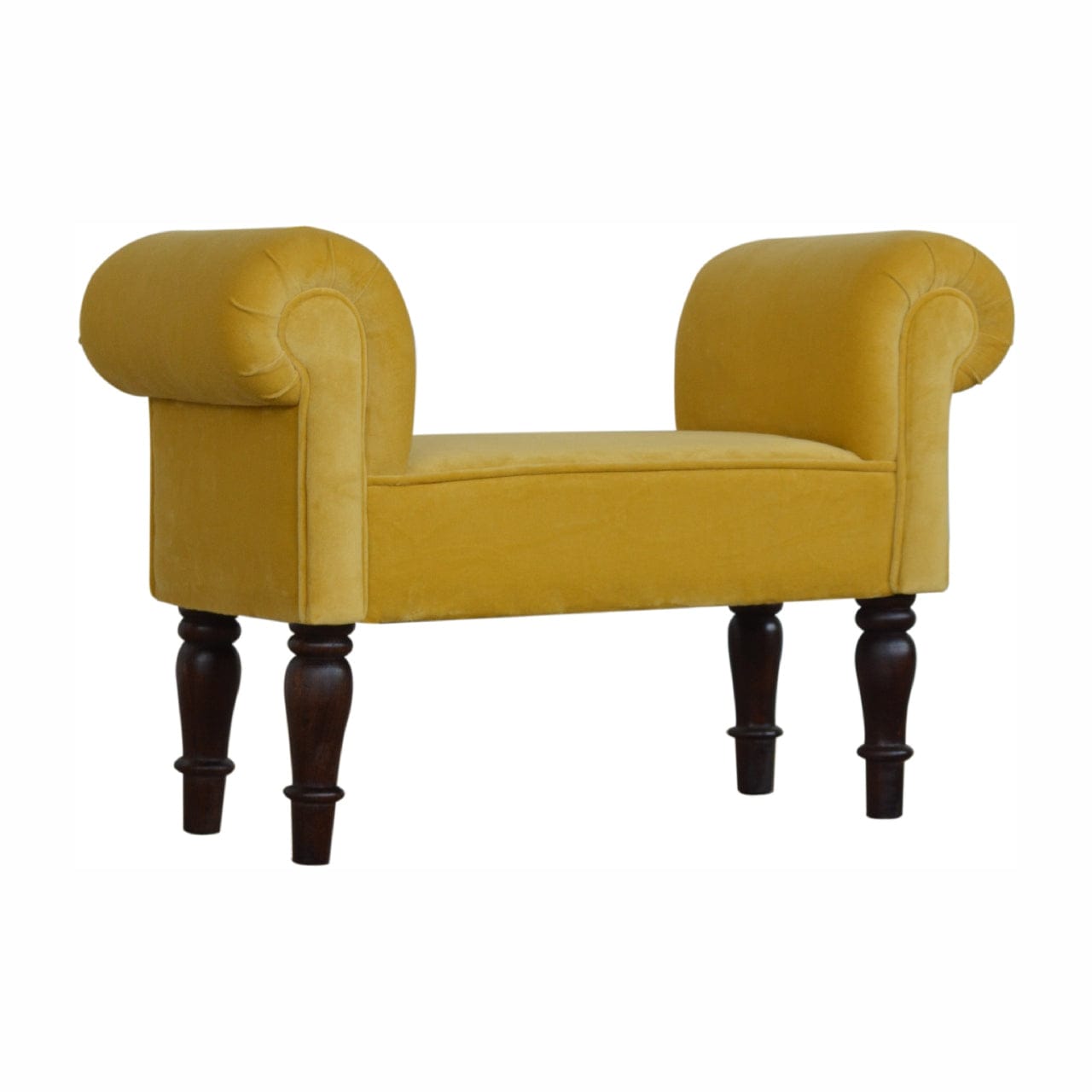 Mustard Mini Velvet Bench - Solid Mango Wood Seating Furniture for Entryway - product view 3 showing handcrafted solid...